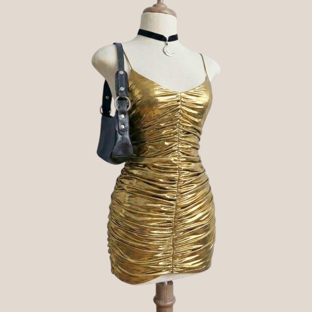 Ruched Front Midi Dress Gold Metallic Bodycon XSmall Sexy Birthday Party NYE